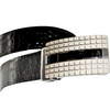 Esplanade genuine leather belt showing white and black embossed pattern, with silver buckle.