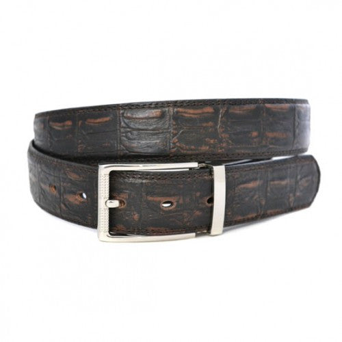 LEEDS Mens Brown Faux Crocodile Leather Belt